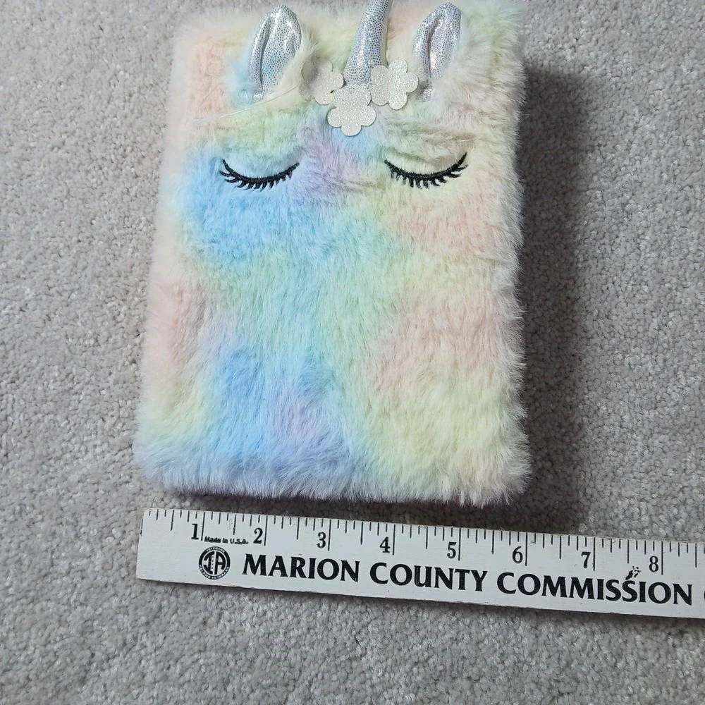Girls Tie Dye Fuzzy Unicorn Plush With 3D Ears And Horn Lined Notebook NWOT